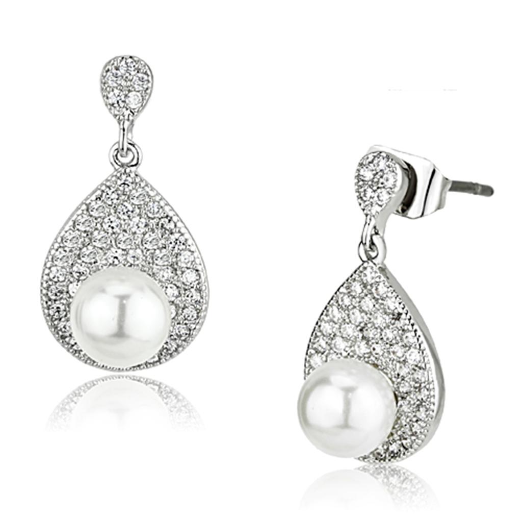 JCE384 Rhodium Brass Earrings with Synthetic Pearl in White