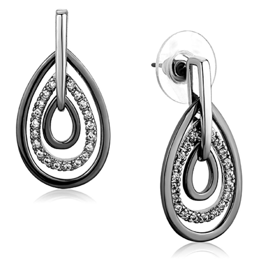 JCE616 Rhodium + Ruthenium Brass Earrings with AAA Grade CZ  in Clear