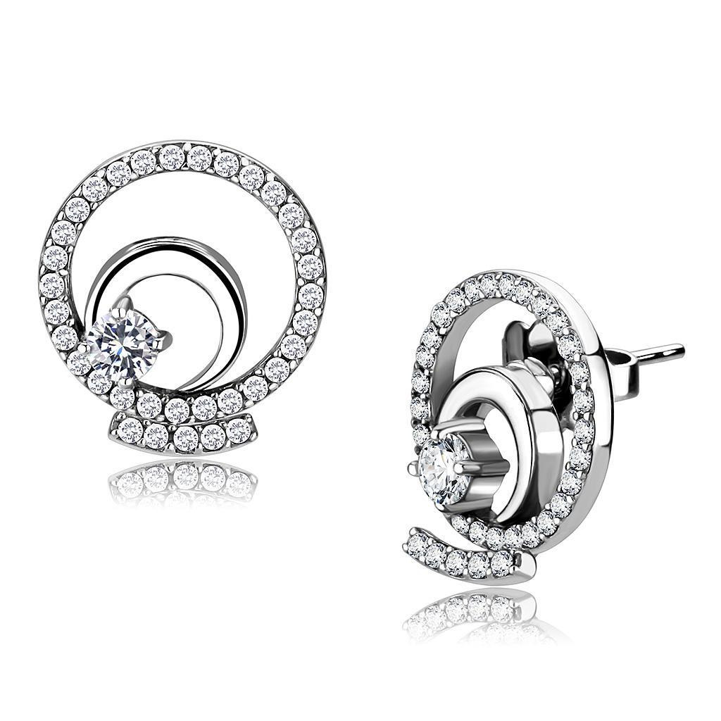 JCE069 High polished (no plating) Stainless Steel Earrings with AAA Grade CZ  in Clear
