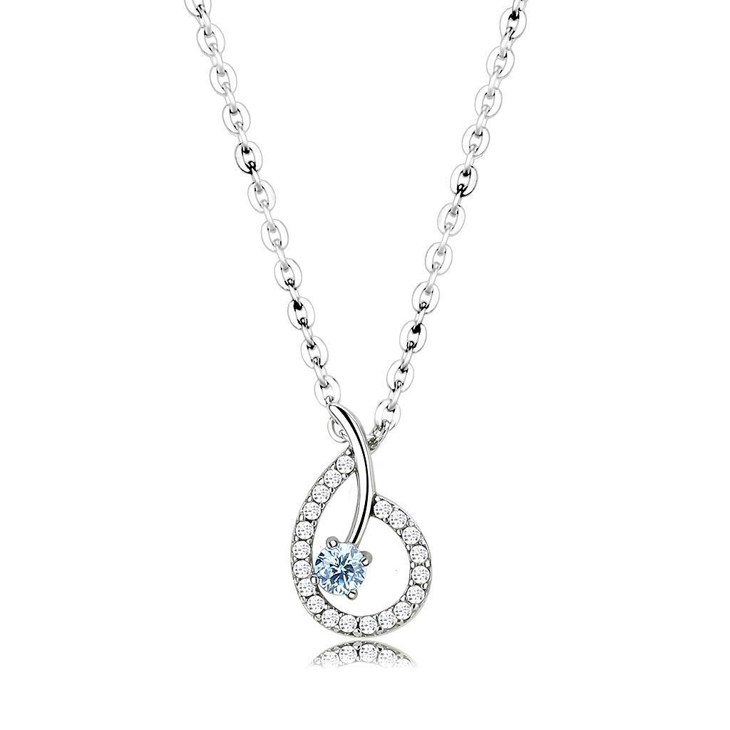 JCE090 High polished (no plating) Stainless Steel Chain Pendant with AAA Grade CZ  in Sea Blue