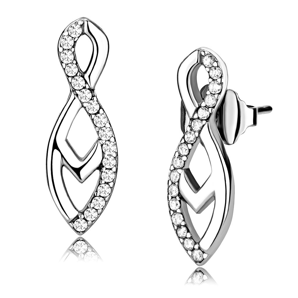 JCE176 High polished (no plating) Stainless Steel Earrings with AAA Grade CZ  in Clear