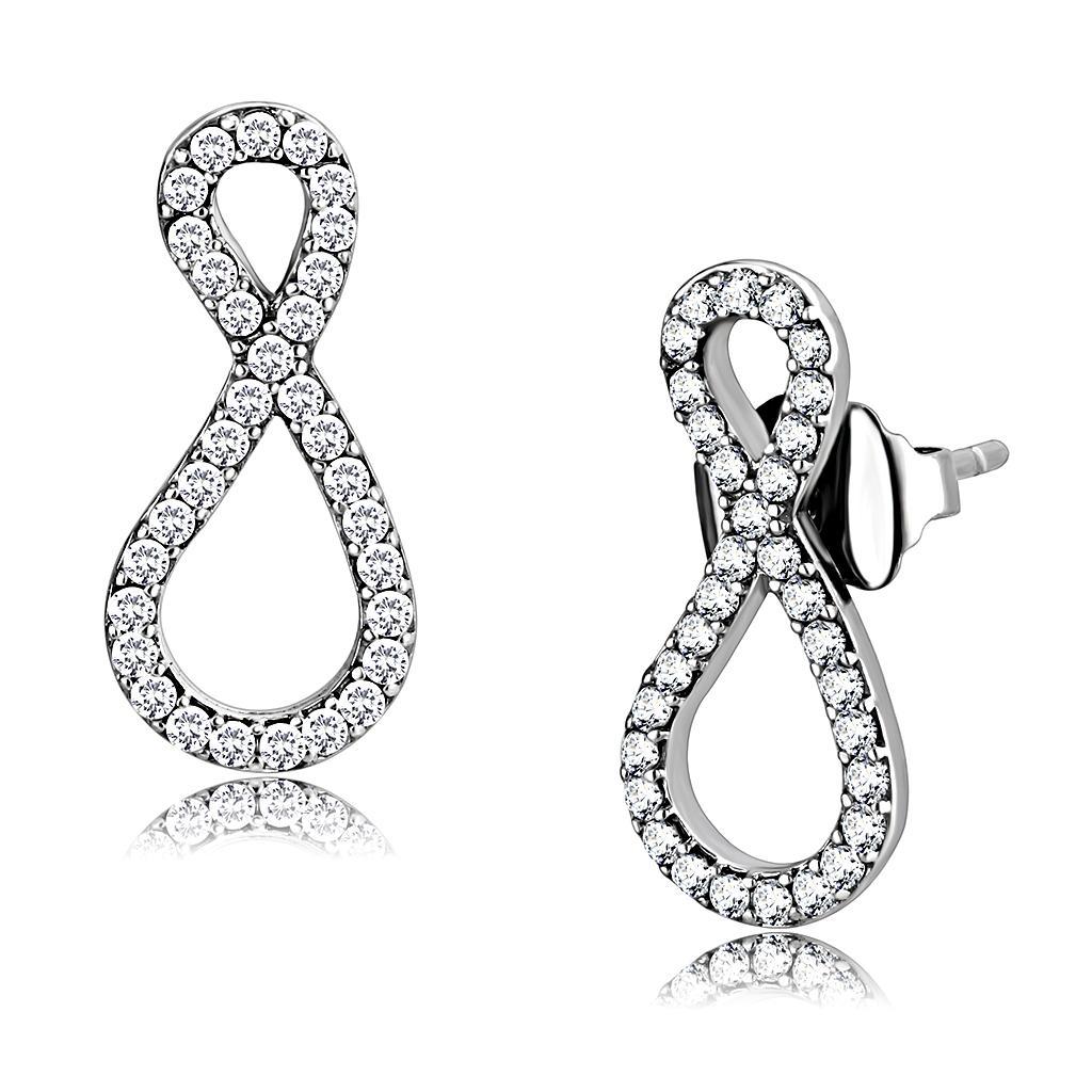 JCE186 High polished (no plating) Stainless Steel Earrings with AAA Grade CZ  in Clear