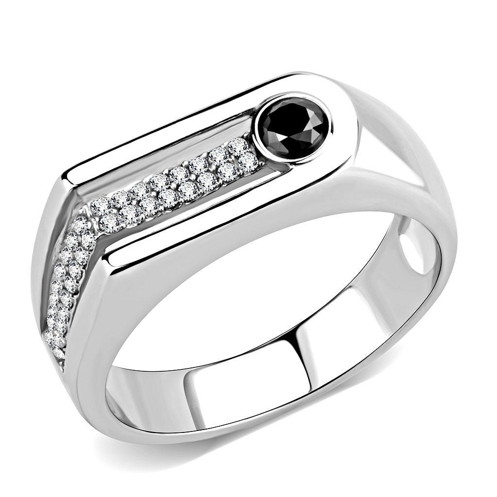 JCE286 High polished (no plating) Stainless Steel Ring with AAA Grade CZ in Black Diamond