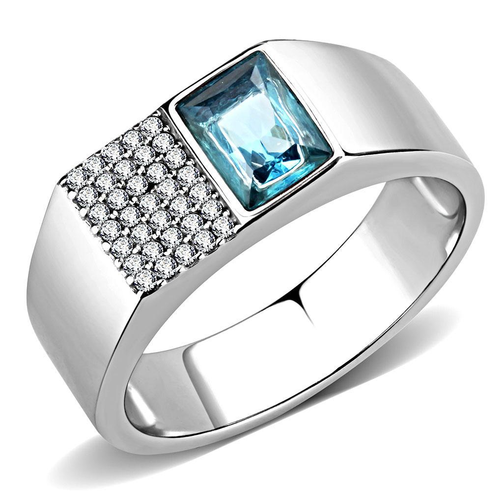 JCE287 High polished (no plating) Stainless Steel Ring with Synthetic in Sea Blue