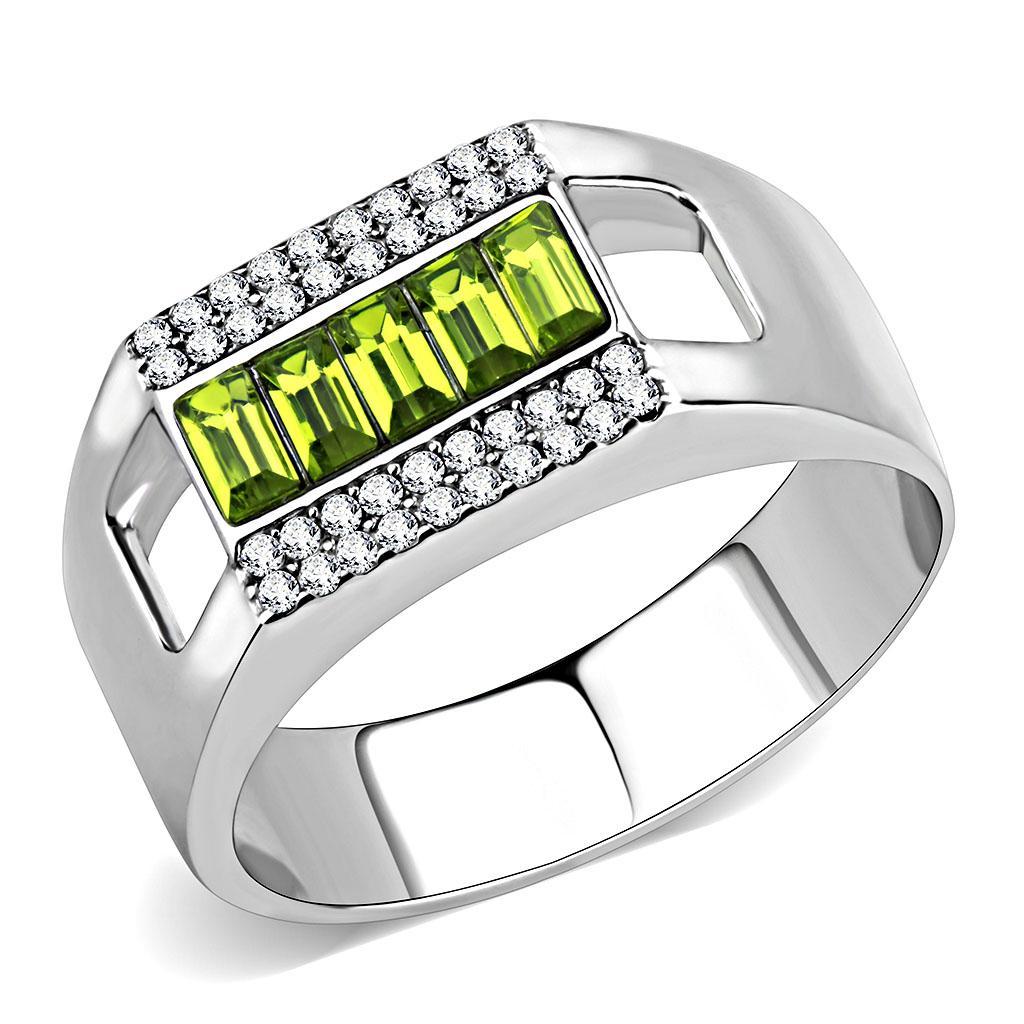 JCE289 High polished (no plating) Stainless Steel Ring with Top Grade Crystal in Olivine color
