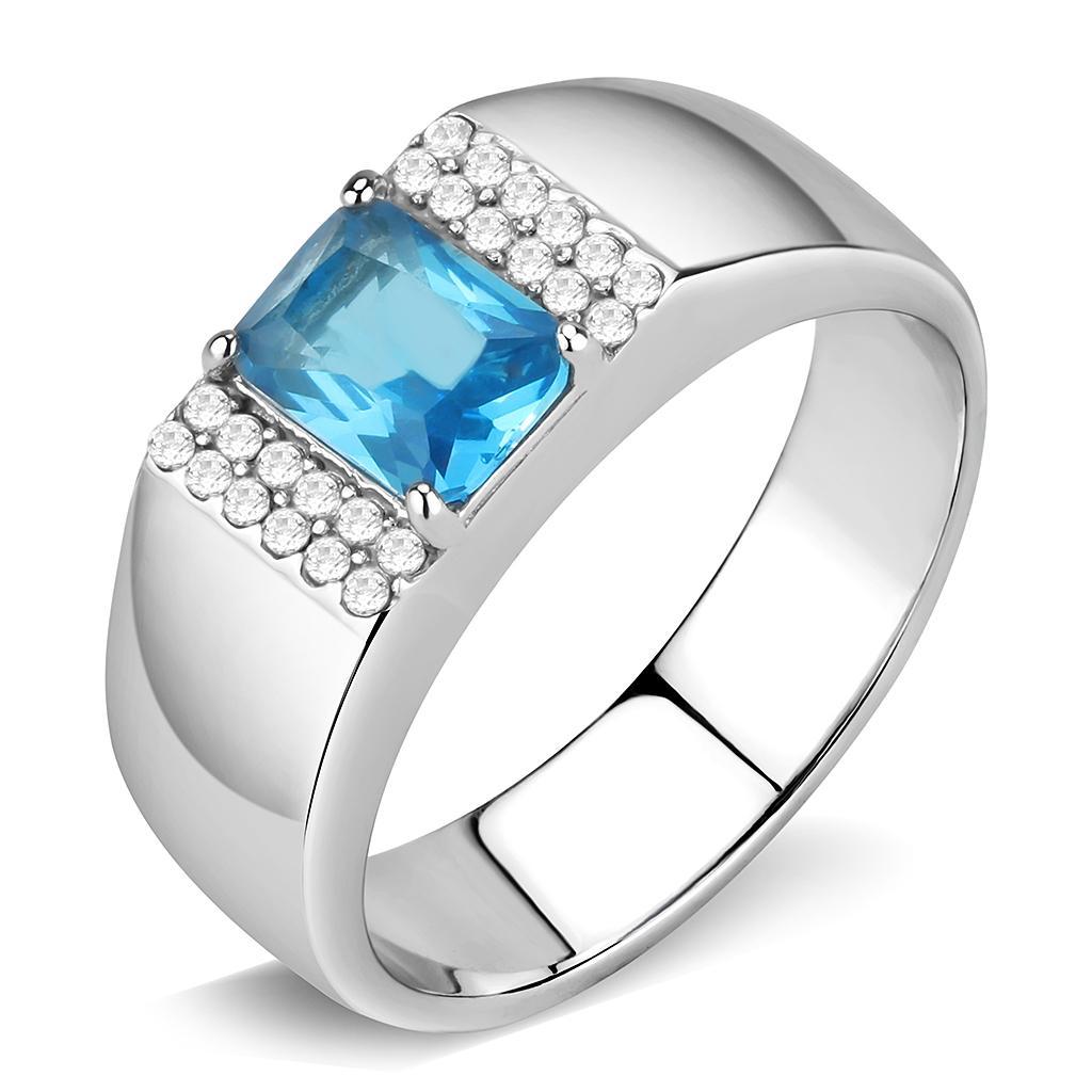 JCE344 No Plating Stainless Steel Ring with Synthetic Synthetic Glass in Sea Blue
