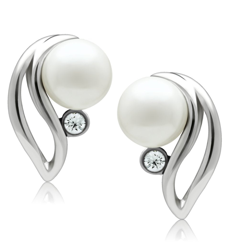 JCE1977 Rhodium White Metal Earrings with Synthetic Pearl in White