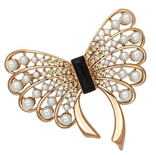 JCE2869 Flash Rose Gold White Metal Brooches with Synthetic Pearl in Jet