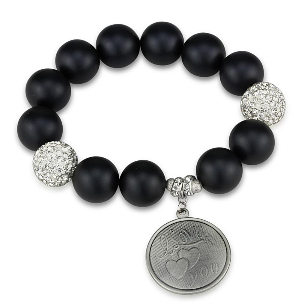 JCE3783 Antique Silver White Metal Bracelet with Synthetic Onyx in Jet