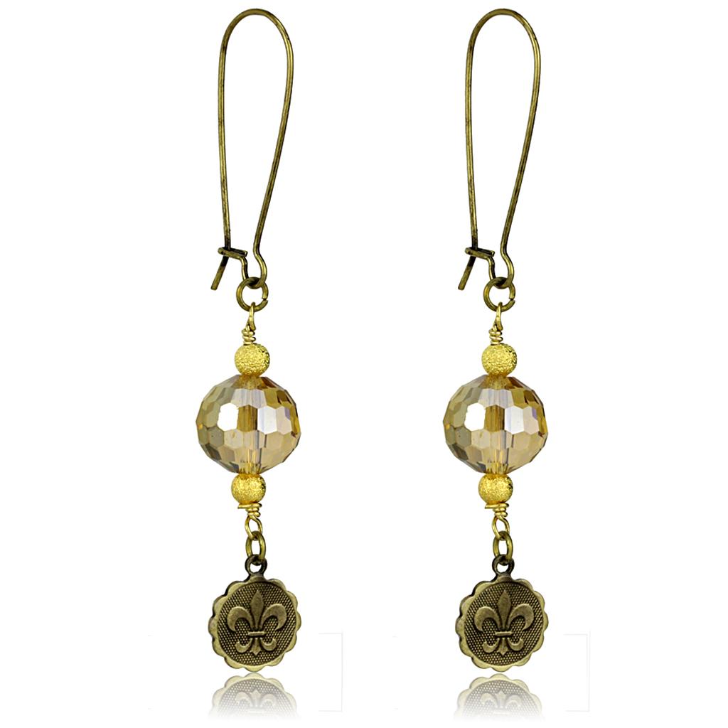 JCE3806 Antique Copper White Metal Earrings with Synthetic Glass Bead in Champagne