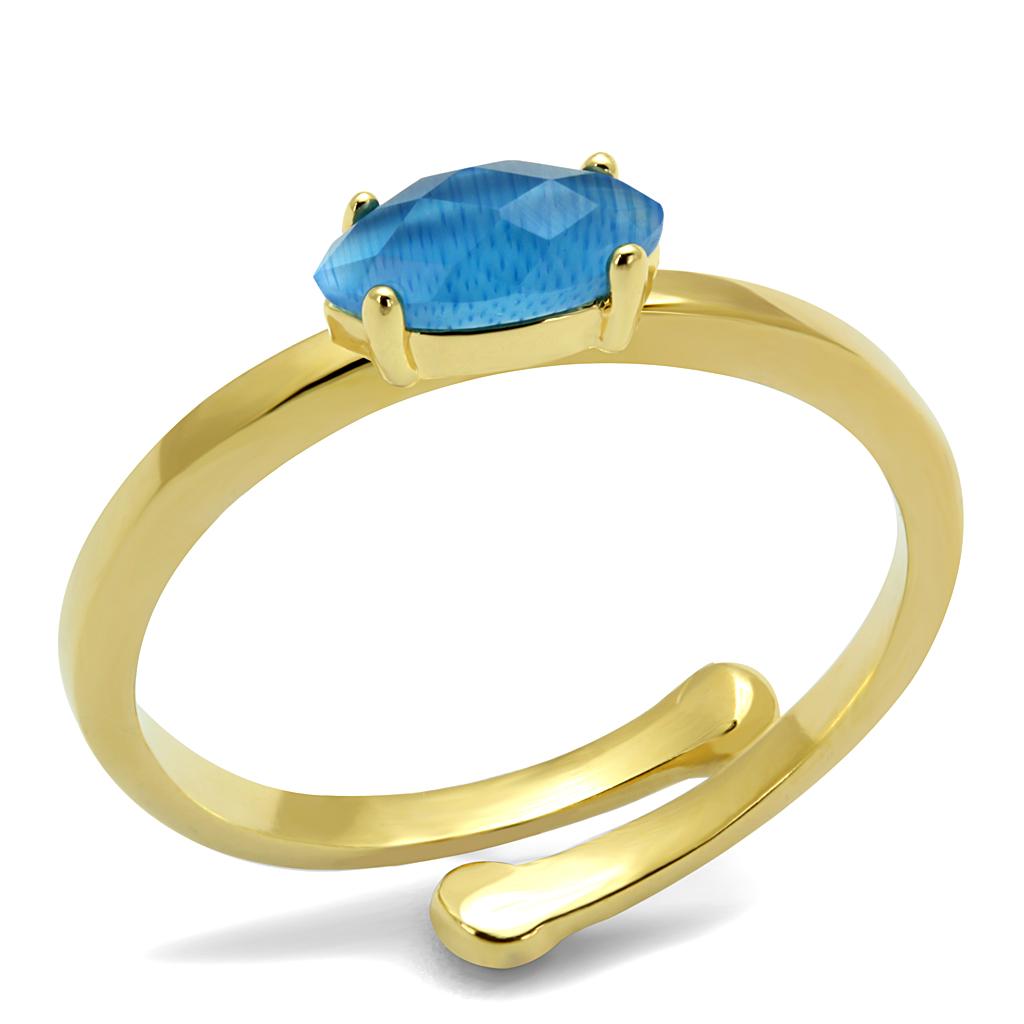 JCE4064 Flash Gold Brass Ring with Synthetic Cat Eye in Capri Blue