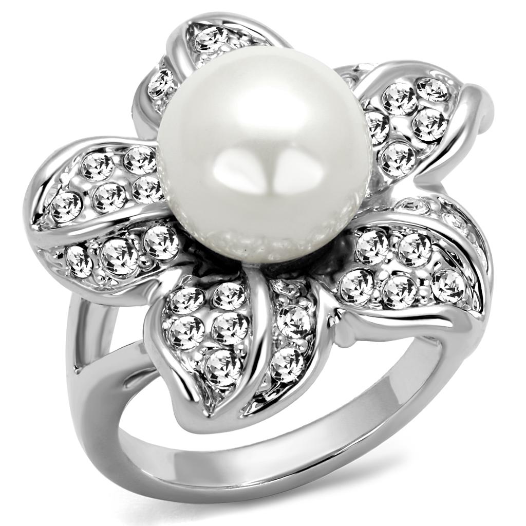 JCE4088 Rhodium Brass Ring with Synthetic Pearl in White