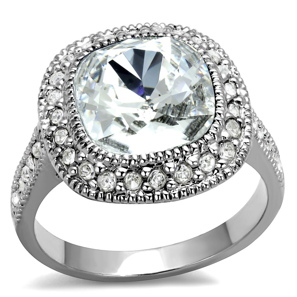 JCE4092 Rhodium Brass Ring with Top Grade Crystal  in Clear