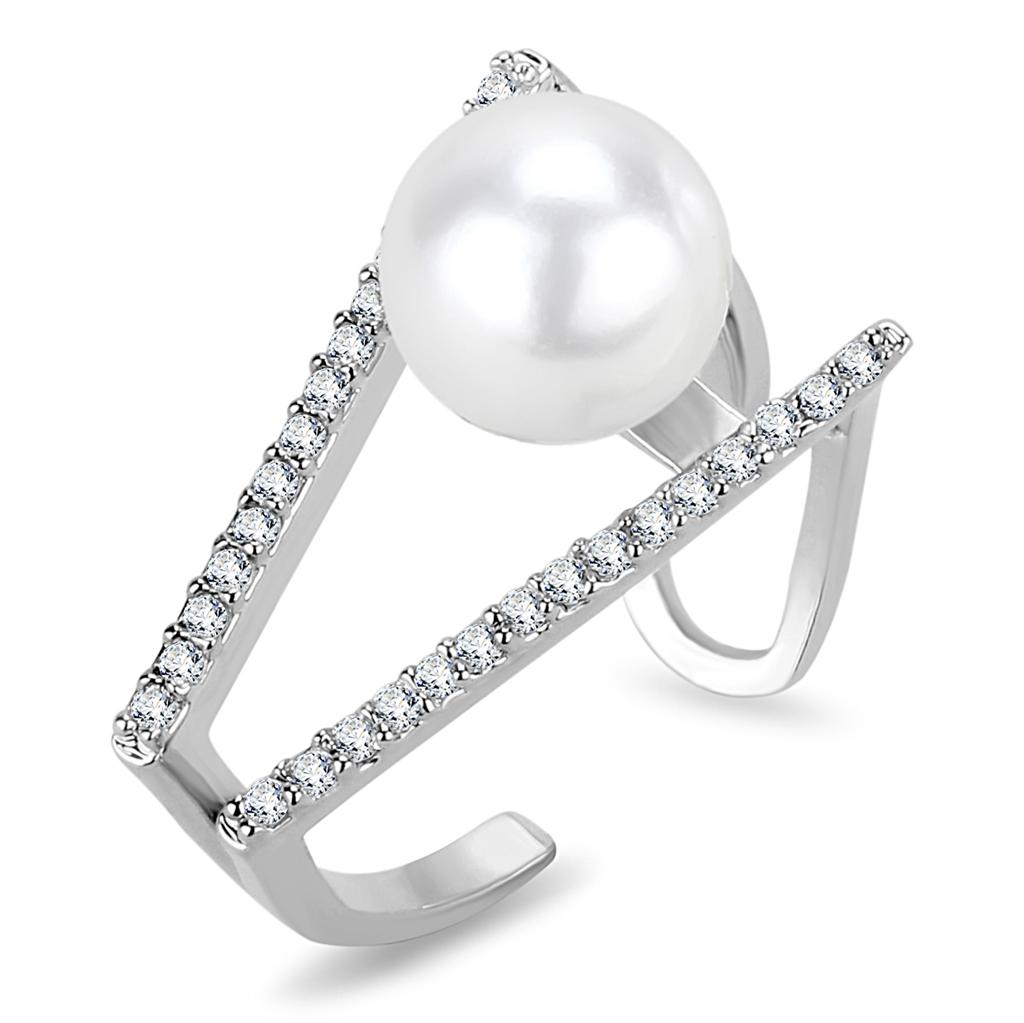 JCE4245 Rhodium Brass Ring with Synthetic Pearl in White