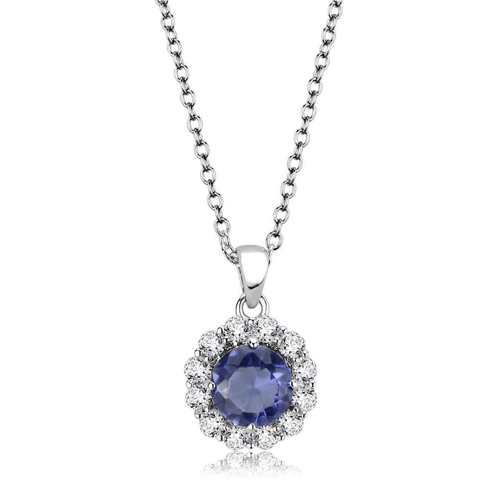 JCE4697 Rhodium Brass Chain Pendant with Synthetic Synthetic Glass in Tanzanite