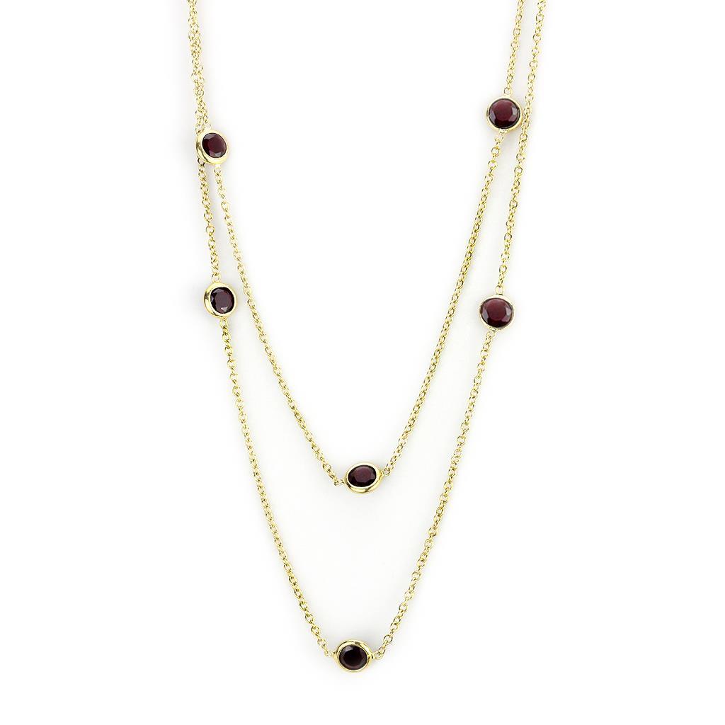 JCE4702 Gold Brass Necklace with AAA Grade CZ in Garnet