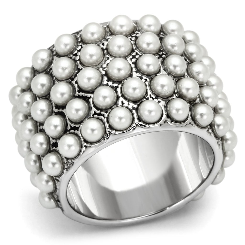 JCEA832 Rhodium Brass Ring with Synthetic Pearl in White
