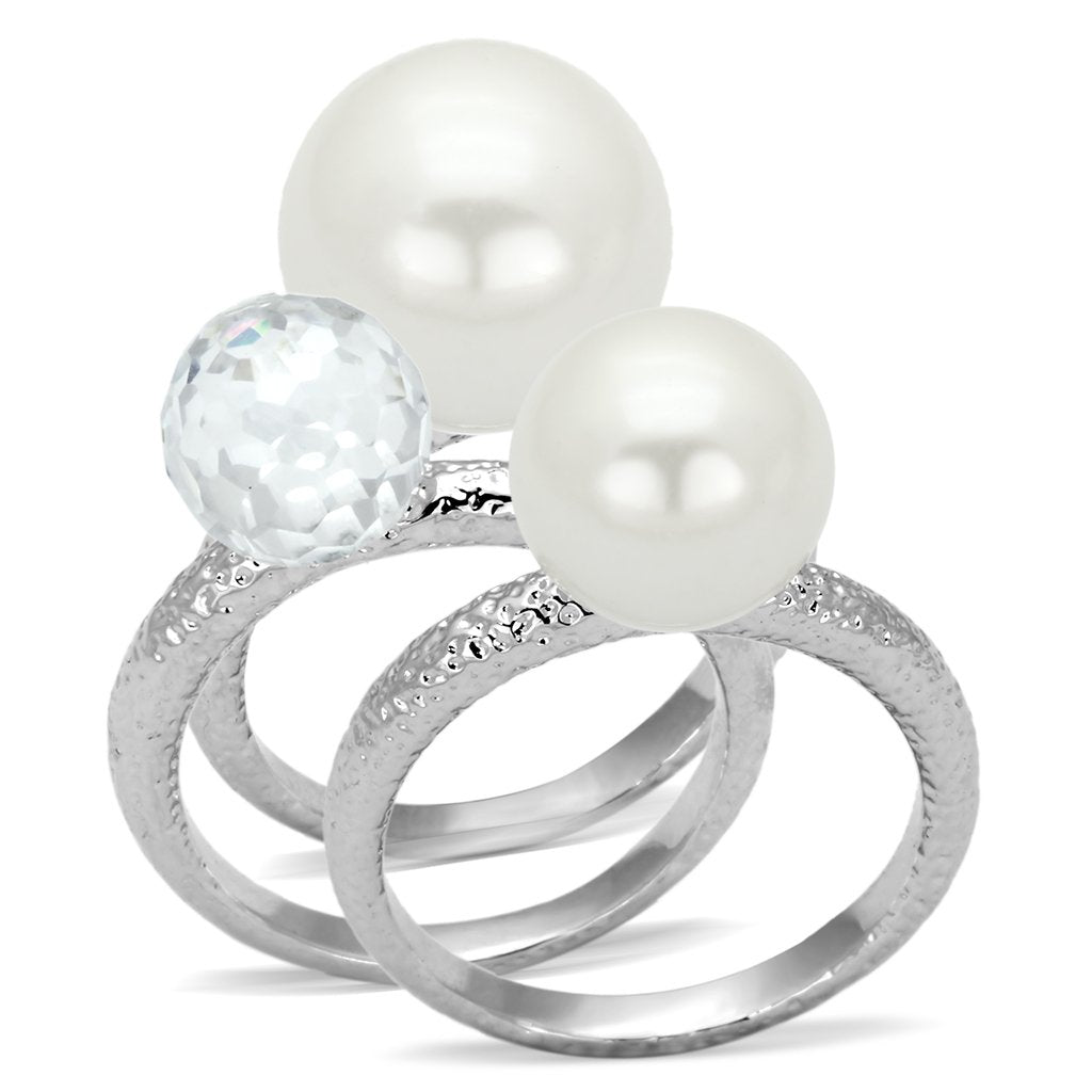 JCEA834 Rhodium Brass Ring with Synthetic Pearl in White