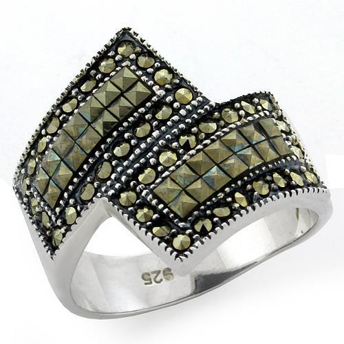 JCEAS1100 Antique Tone 925 Sterling Silver Ring with Semi-Precious Marcasite in Jet