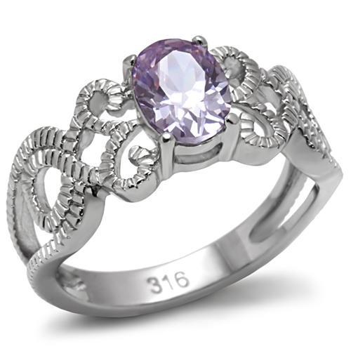 JCE079 High polished (no plating) Stainless Steel Ring with AAA Grade CZ  in Light Amethyst