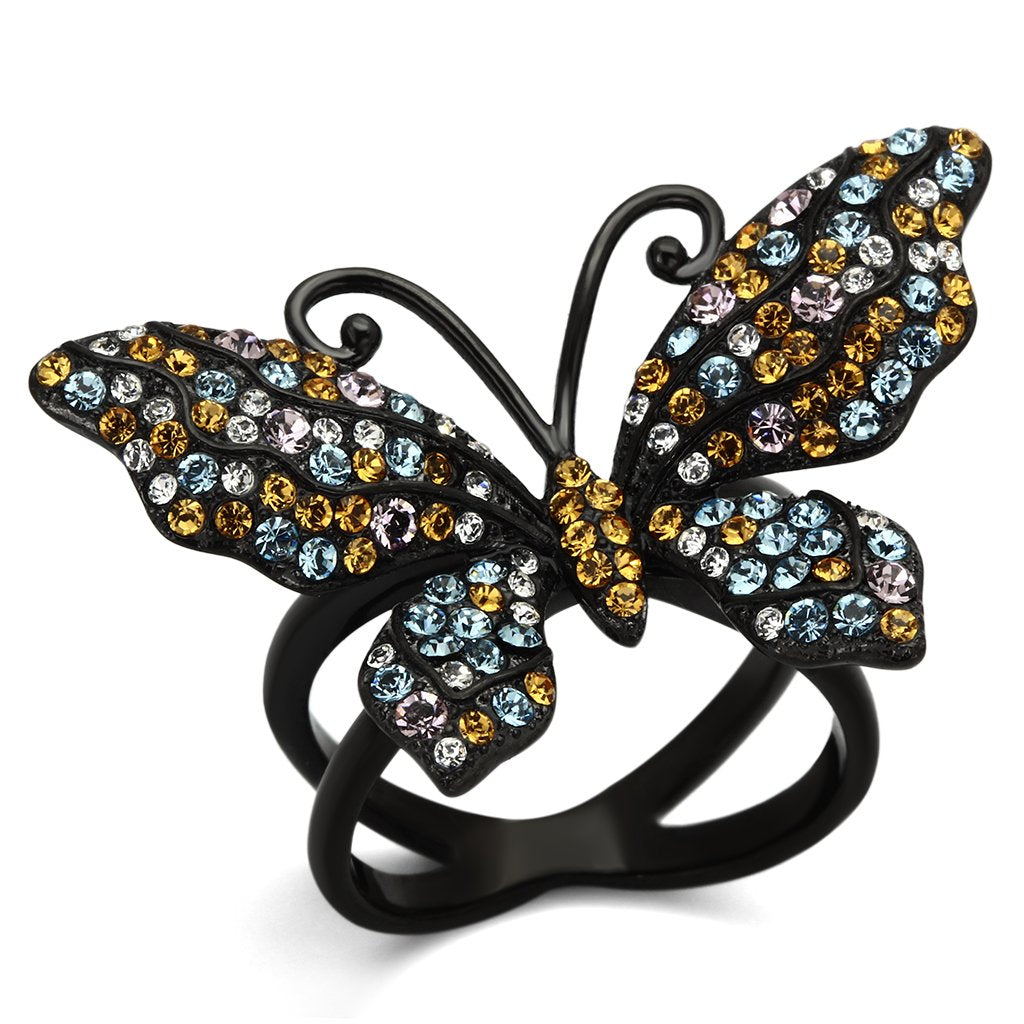JCE1004 IP Black(Ion Plating) Stainless Steel Ring with Top Grade Crystal  in Multi Color