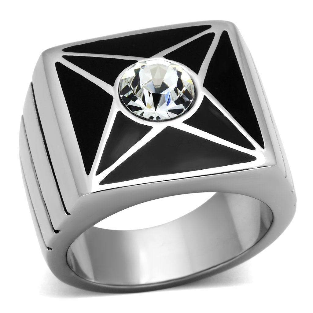JCE1049 High polished (no plating) Stainless Steel Ring with Top Grade Crystal in Clear