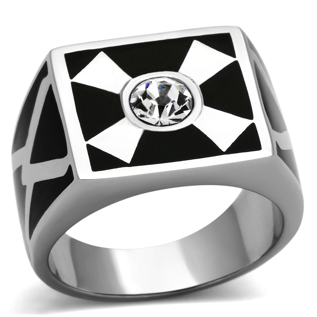 JCE1052 High polished (no plating) Stainless Steel Ring with Top Grade Crystal in Clear