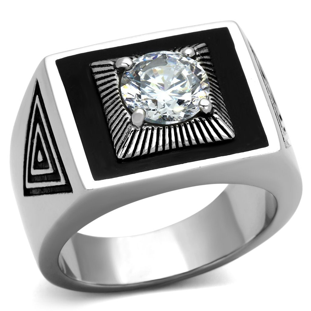 JCE1053 High polished (no plating) Stainless Steel Ring with AAA Grade CZ in Clear