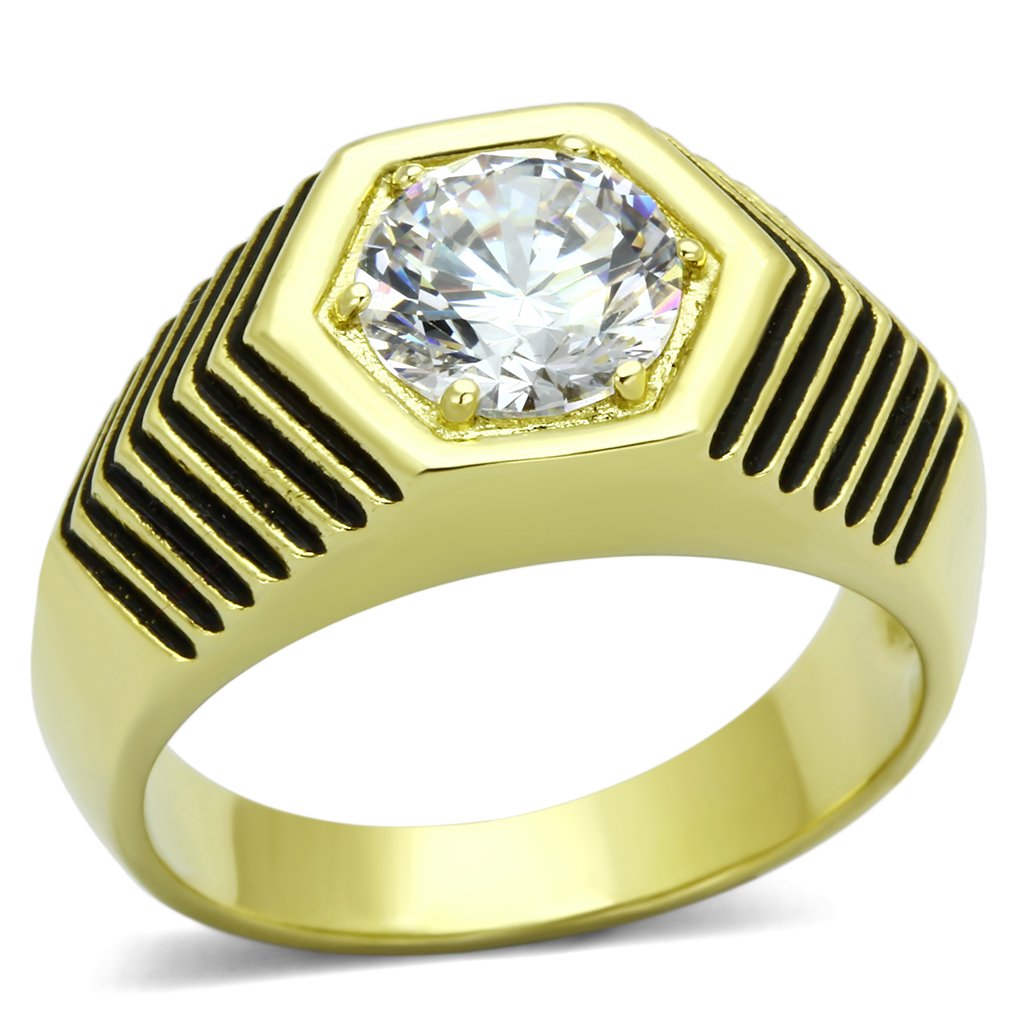 JCE1076 IP Gold(Ion Plating) Stainless Steel Ring with AAA Grade CZ in Clear