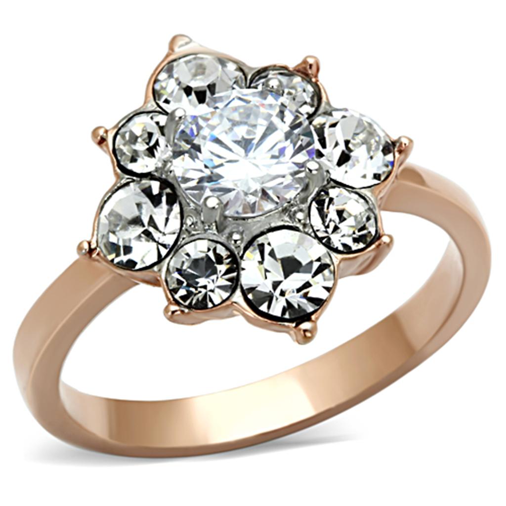 JCE1168 Two-Tone IP Rose Gold Stainless Steel Ring with AAA Grade CZ  in Clear
