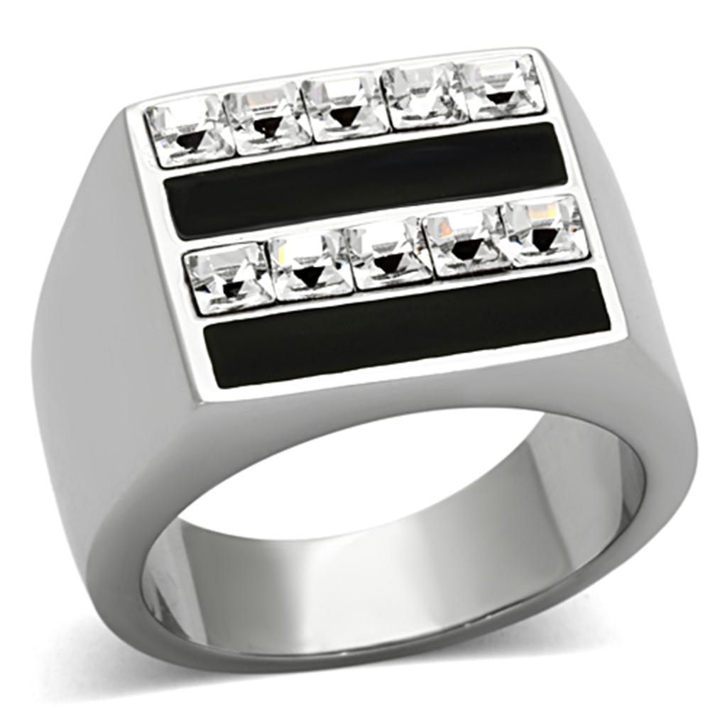 JCE1177 High polished (no plating) Stainless Steel Ring with Top Grade Crystal in Clear