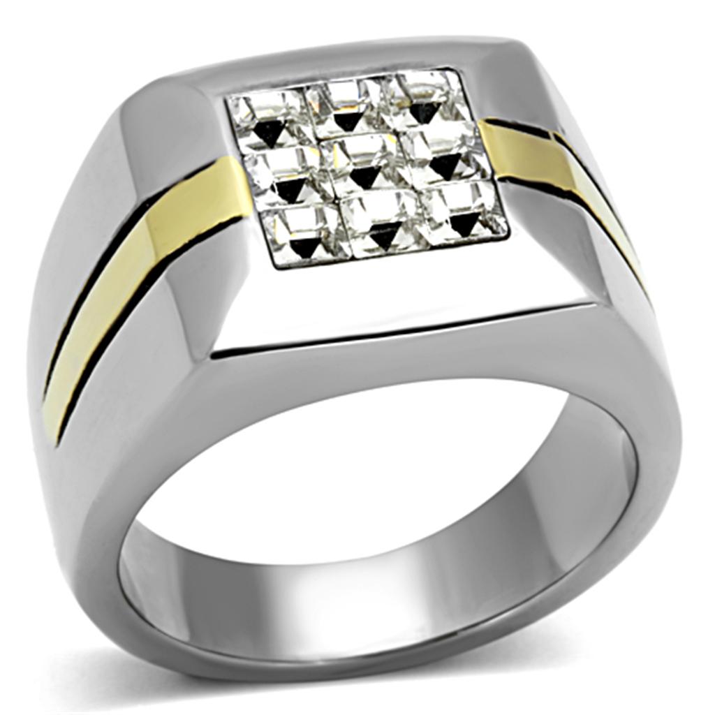 JCE1178 Two-Tone IP Gold (Ion Plating) Stainless Steel Ring with Top Grade Crystal in Clear
