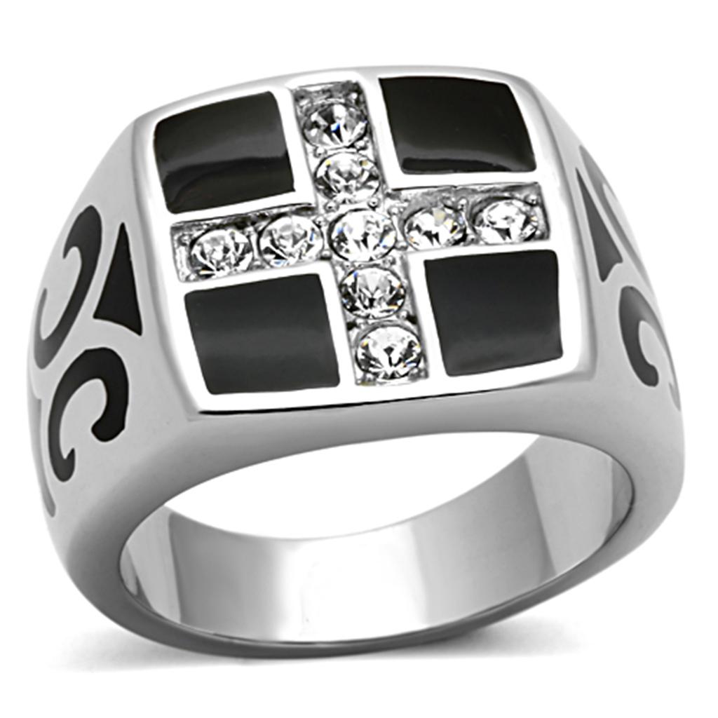 JCE1179 High polished (no plating) Stainless Steel Ring with Top Grade Crystal in Clear