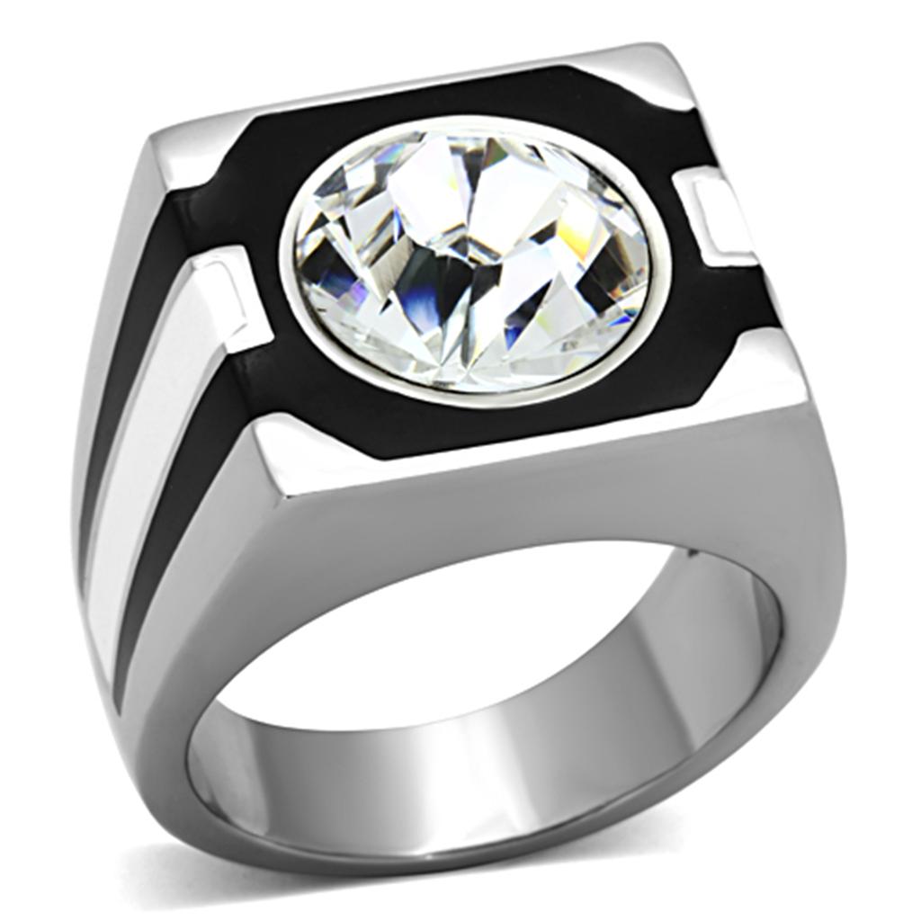JCE1181 High polished (no plating) Stainless Steel Ring with Top Grade Crystal in Clear
