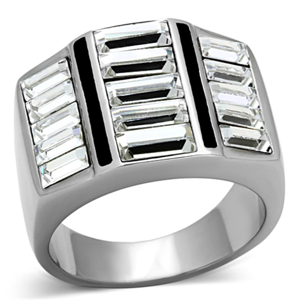 JCE1185 High polished (no plating) Stainless Steel Ring with Top Grade Crystal in Clear