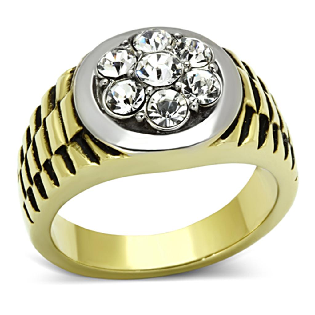 JCE1191 Two-Tone IP Gold (Ion Plating) Stainless Steel Ring with Top Grade Crystal in Clear