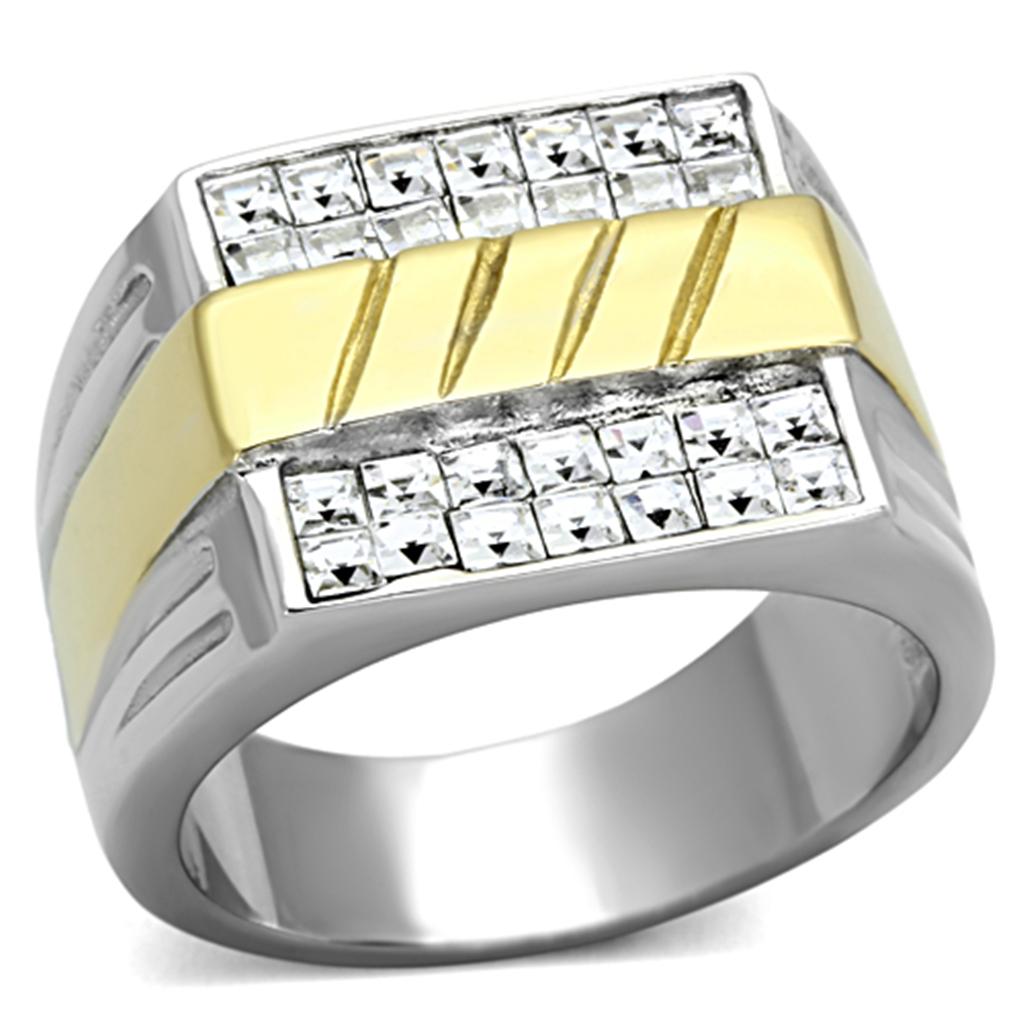 JCE1193 Two-Tone IP Gold (Ion Plating) Stainless Steel Ring with Top Grade Crystal in Clear