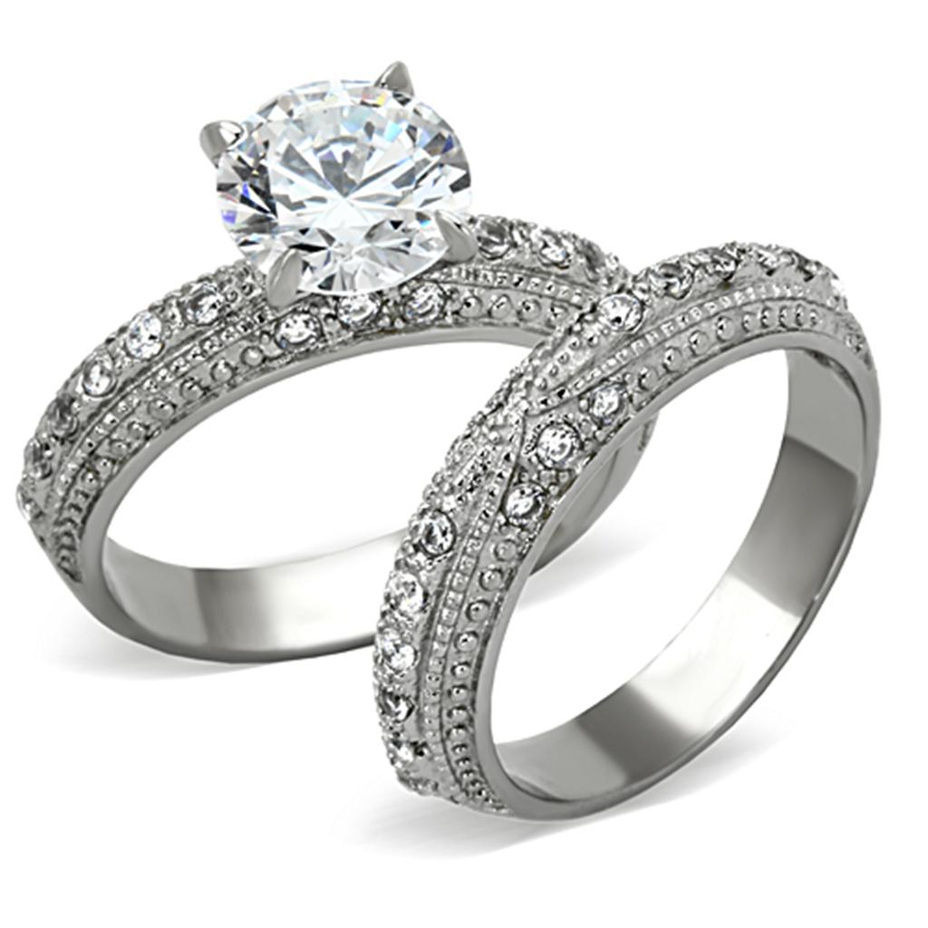 JCE1228 High polished (no plating) Stainless Steel Ring with AAA Grade CZ  in Clear