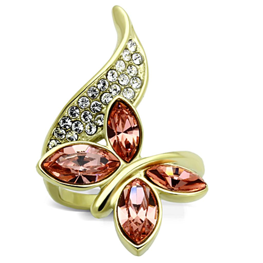 JCE1288 IP Gold(Ion Plating) Stainless Steel Ring with Top Grade Crystal  in Light Peach