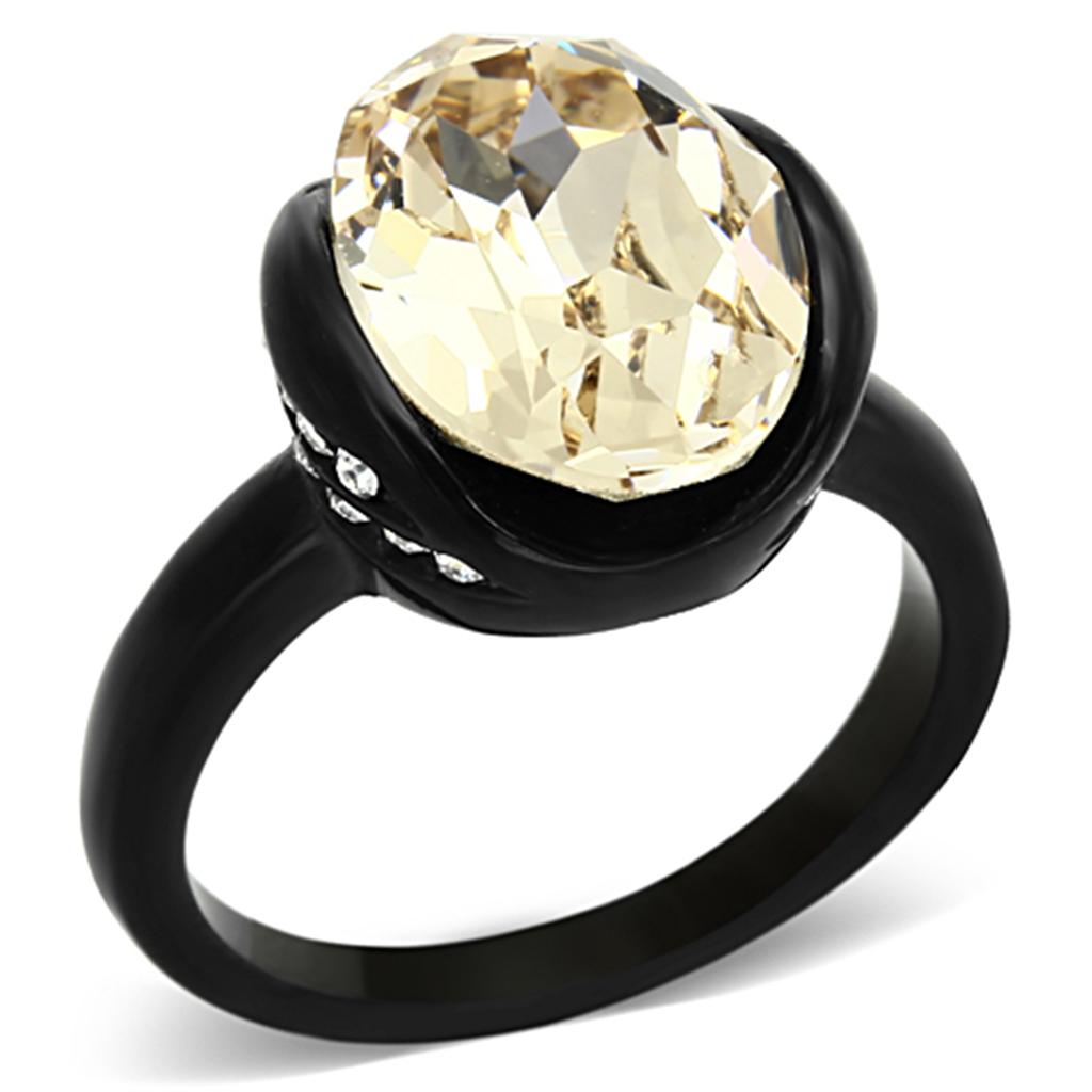 JCE1298 IP Black(Ion Plating) Stainless Steel Ring with Top Grade Crystal  in Light Smoked