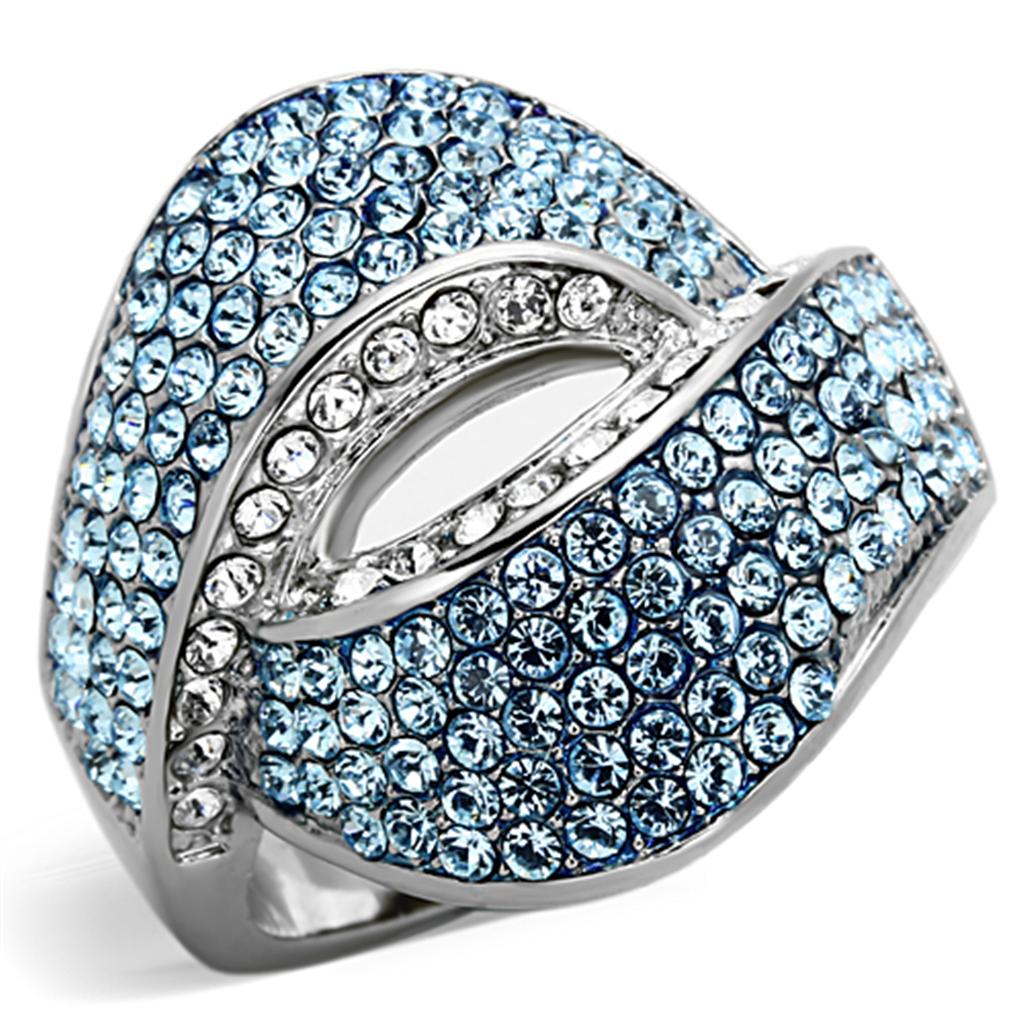JCE1303 High polished (no plating) Stainless Steel Ring with Top Grade Crystal  in Sea Blue
