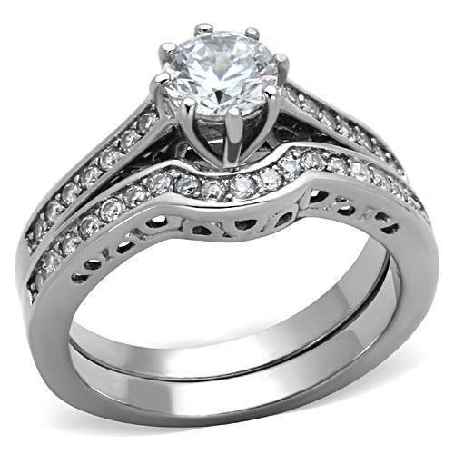 JCE1330 High polished (no plating) Stainless Steel Ring with AAA Grade CZ  in Clear