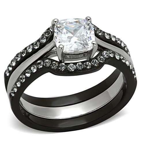 JCE1343 Two-Tone IP Black Stainless Steel Ring with AAA Grade CZ  in Clear