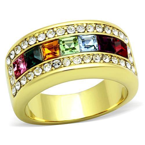 JCE1402 IP Gold(Ion Plating) Stainless Steel Ring with Top Grade Crystal  in Multi Color