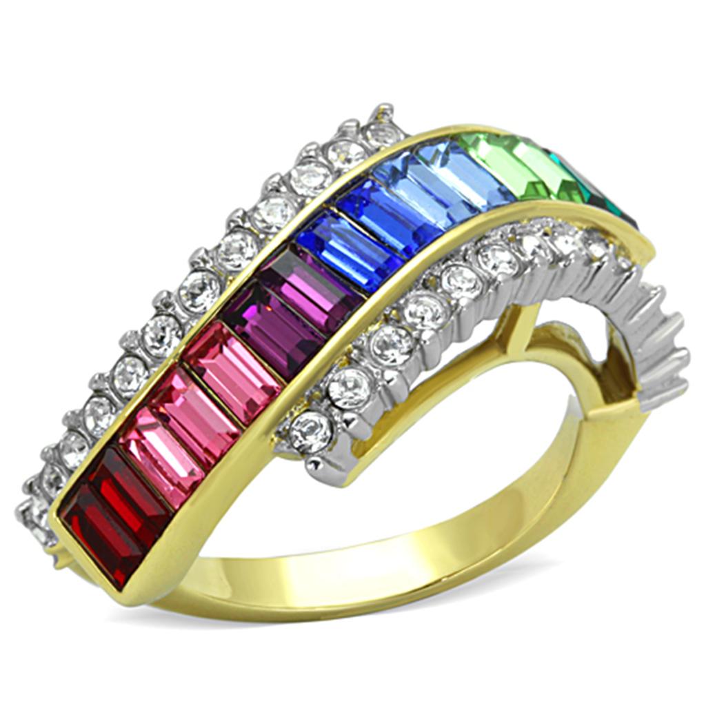 JCE1575 Two-Tone IP Gold (Ion Plating) Stainless Steel Ring with Top Grade Crystal  in Multi Color