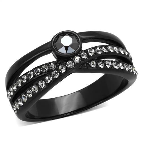 JCE1620 IP Black(Ion Plating) Stainless Steel Ring with Top Grade Crystal  in Hematite