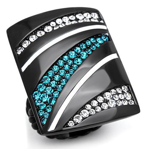 JCE1736 IP Black(Ion Plating) Stainless Steel Ring with Top Grade Crystal  in Blue Zircon