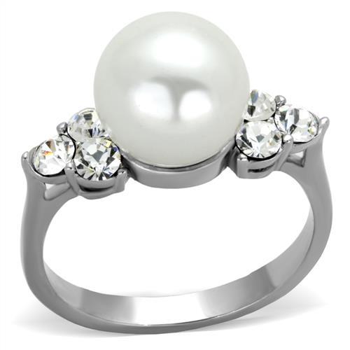 JCE1824 High polished (no plating) Stainless Steel Ring with Synthetic Pearl in White