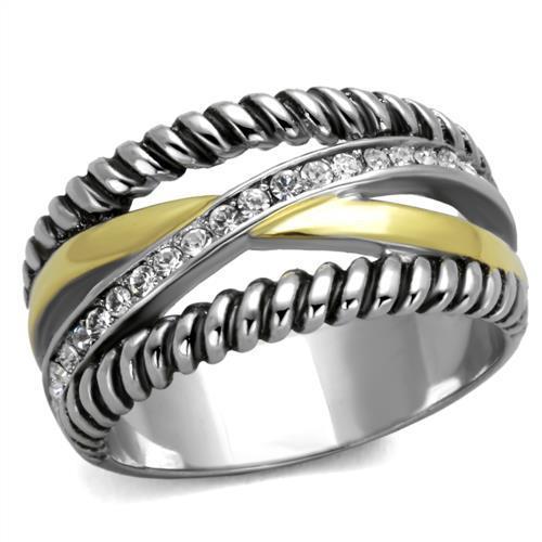JCE1825 Two-Tone IP Gold (Ion Plating) Stainless Steel Ring with Top Grade Crystal  in Clear