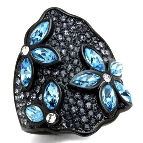 JCE1834 IP Black(Ion Plating) Stainless Steel Ring with Top Grade Crystal  in Sea Blue